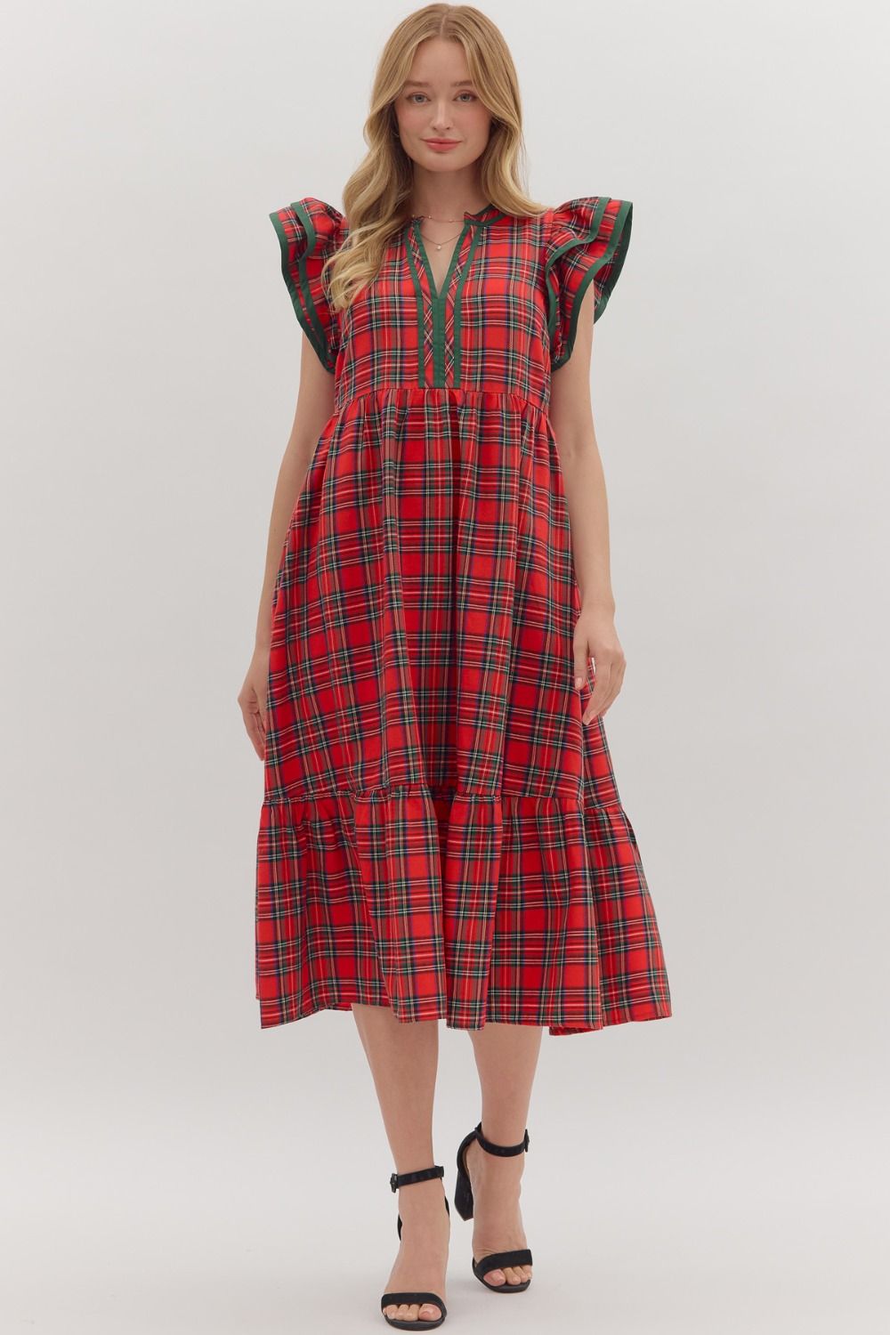 ENTRO Plaid Flutter Sleeve Midi Dress In Red