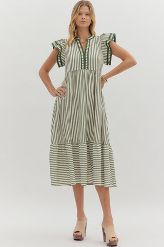 Entro Textured Stripe Flutter Sleeve Midi Dress In Pine *COMING SOON*
