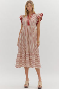Entro Textured Stripe Flutter Sleeve Midi Dress In Rust *COMING SOON*