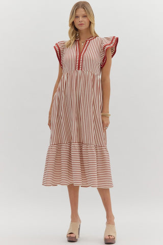 Entro Textured Stripe Flutter Sleeve Midi Dress In Rust *COMING SOON*