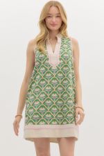 ENTRO Scalloped Floral Caftan Inspired Dress In Green