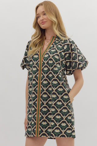 Entro Botanical Short Puff Sleeve Mini Dress In Black