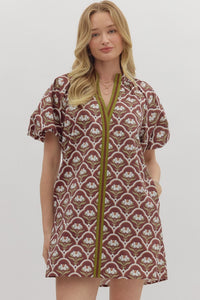 Entro Botanical Short Puff Sleeve Mini Dress In Brown