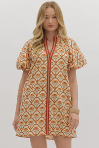 Entro Botanical Short Puff Sleeve Mini Dress In Ecru