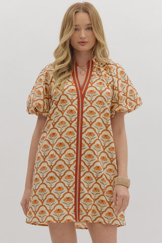 Entro Botanical Short Puff Sleeve Mini Dress In Ecru