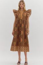 ENTRO Framed Border Flutter Sleeve Midi Dress In Brown *COMING SOON*