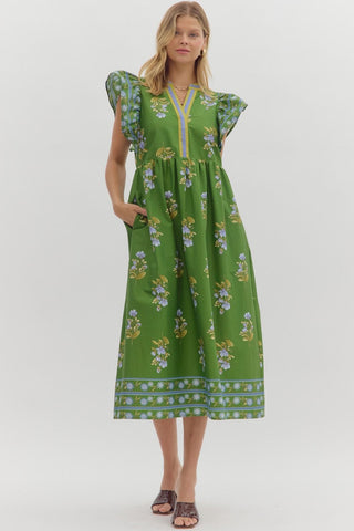 Entro Floral Framed Border Flutter Sleeve In Green *COMING SOON*