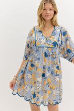 ENTRO Scalloped Cuff Sleeve Mini Dress In Slate Blue