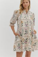 ENTRO Floral 3/4 Panel Mini Dress In Ecru *COMING SOON*