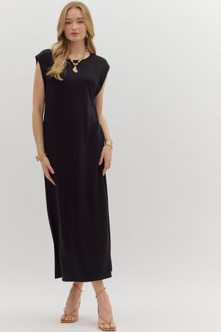 ENTRO Solid Jersey Knit Midi Dress In Black