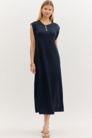 ENTRO Solid Jersey Knit Midi Dress In Navy