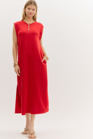 ENTRO Solid Jersey Knit Midi Dress In Red