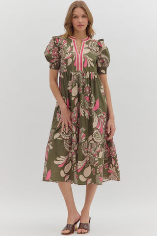 Entro Paisley Tiered Midi Dress In Olive *COMING SOON*
