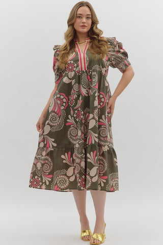 ENTRO Paisley Tiered Midi Dress In Olive PLUS Sizes