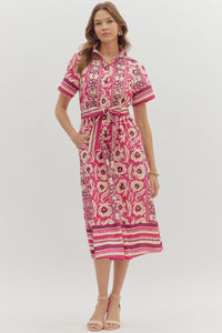 ENTRO Floral Midi Dress With Tie Waist In Magenta *COMING SOON*