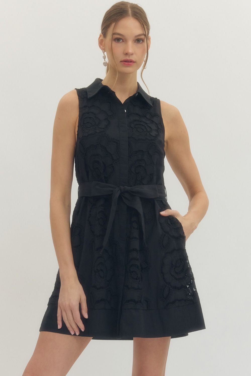 Entro Solid Sleeveless Mini Dress With Lace Overlay In Black