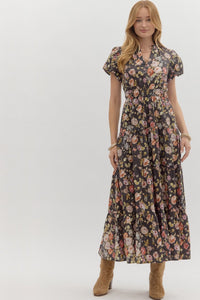 ENTRO Floral Bubble Sleeve Midi Tiered Dress In Chocolate *COMING SOON*