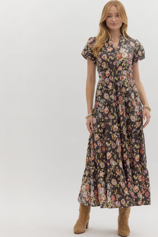 ENTRO Floral Bubble Sleeve Midi Tiered Dress In Chocolate *COMING SOON*