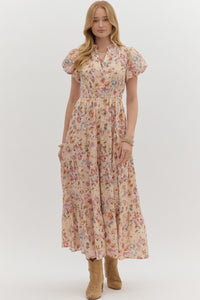 ENTRO Floral Bubble Sleeve Midi Tiered Dress In Ecru *COMING SOON*