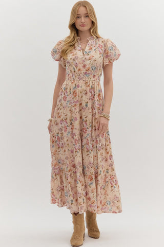 ENTRO Floral Bubble Sleeve Midi Tiered Dress In Ecru *COMING SOON*