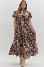ENTRO Floral Print Maxi Dress In Chocolate IN PLUS Sizes