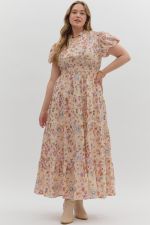 Entro Floral Bubble Sleeve Midi Dress PLUS Sizes In Ecru