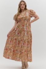 Entro Floral Bubble Sleeve Midi Dress PLUS Sizes In Terra Cotta