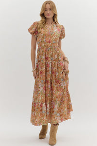 ENTRO Floral Bubble Sleeve Midi Tiered Dress In Terra Cotta *COMING SOON*