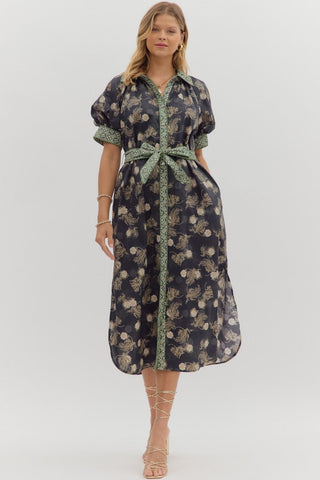 ENTRO Midi Dress With Contrast Accent Band In Navy