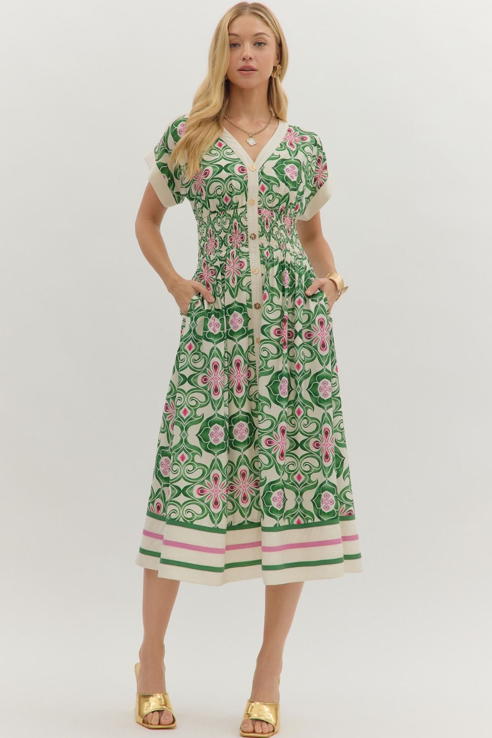 Entro Botanical Print Cap Sleeve Midi Dress In Pine