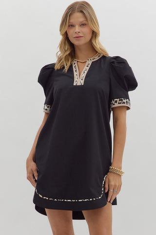 ENTRO Leopard Trim Mini Dress In Black