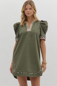 ENTRO Leopard Trim Mini Dress In Olive