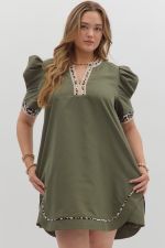 Entro Solid Pleated Puff Sleeve Mini Dress With Animal Print Accents PLUS Sizes In Olive