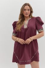 Entro Solid Pleated Puff Sleeve Mini Dress With Animal Print Accents PLUS Sizes In Plum