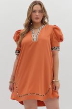 Entro Solid Pleated Puff Sleeve Mini Dress With Animal Print Accents PLUS Sizes In Rust