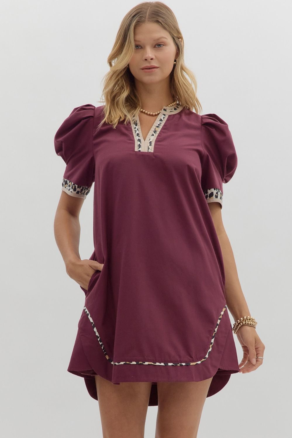 ENTRO Mini Dress With Animal Print Detail In Plum *COMING SOON*