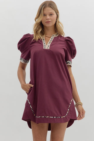 ENTRO Mini Dress With Animal Print Detail In Plum *COMING SOON*