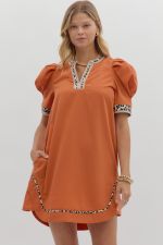 Entro Solid Pleated Puff Sleeve Mini Dress With Animal Print Accents In Rust