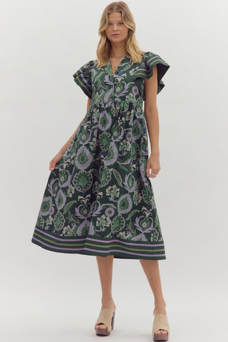 ENTRO Accent Trim Flutter Sleeve Midi Dress In Green *COMING SOON*