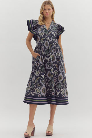 ENTRO Accent Trim Flutter Sleeve Midi Dress In Navy *COMING SOON*