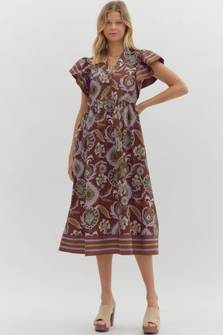 ENTRO Accent Trim Flutter Sleeve Midi Dress In Red Bean *COMING SOON*