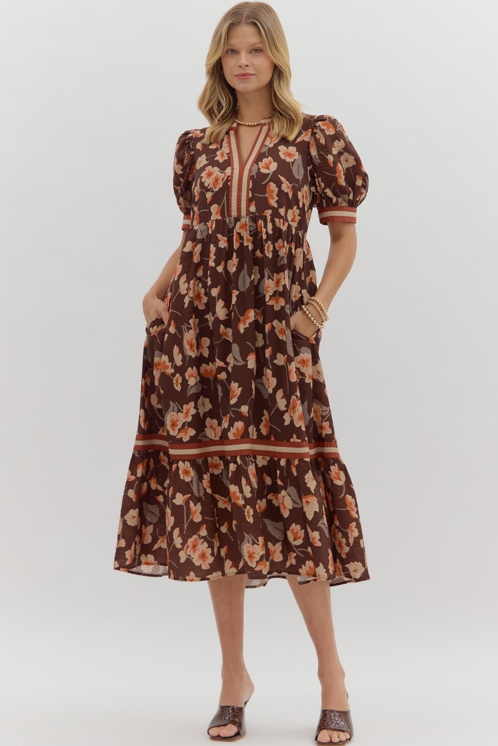 ENTRO Cuff Band V Split Midi Dress In Brown *COMING SOON*