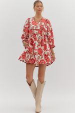 ENTRO 3/4 Sleeve Floral Mini Dress In Brick *COMING SOON*