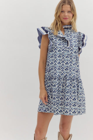 Entro Abstract Flutter Sleeve Mini Dress In Navy *COMING SOON*