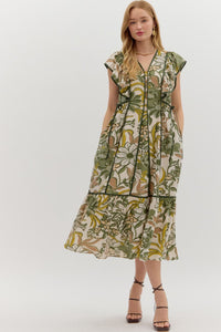 ENTRO Botanical Flutter Sleeve Midi Dress In Olive