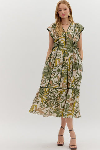 ENTRO Botanical Flutter Sleeve Midi Dress In Olive