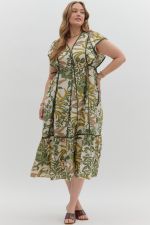ENTRO Botanical Ruffle Sleeve Midi Dress In Olive PLUS Size