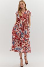 ENTRO Botanical Ruffle Sleeve Midi Dress In Red Bean