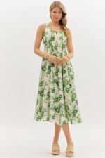 ENTRO Floral Square Neck Midi Dress In Green