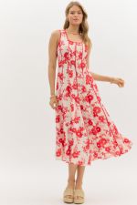 ENTRO Floral Square Neck Midi Dress In Red